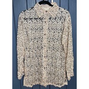 Vintage Cache Cellulose Rayon Cream Beaded Floral Button Up Top Shacket Sz Large